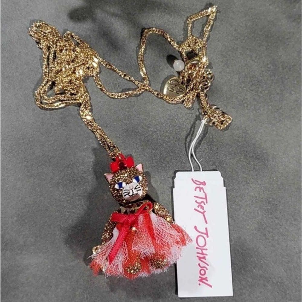 Betsey Johnson Gold Tone Cat Charm Necklace Red White Blue Tutu Star New‎